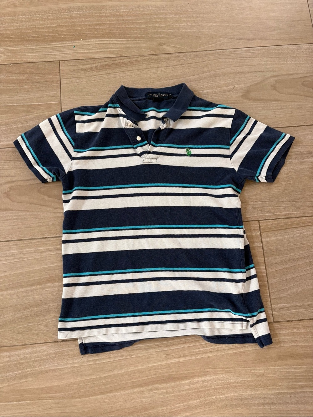 U.S. Polo Assn. Boys Navy, White & Teal Striped Polo